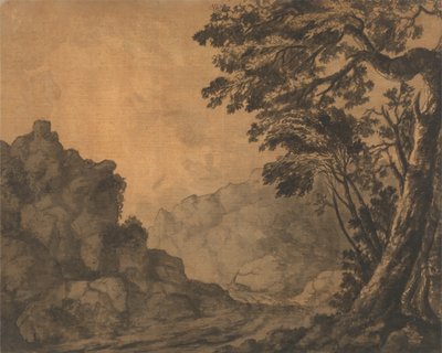 Eine Straße in einer Berglandschaft mit Bäumen rechts von Alexander Cozens